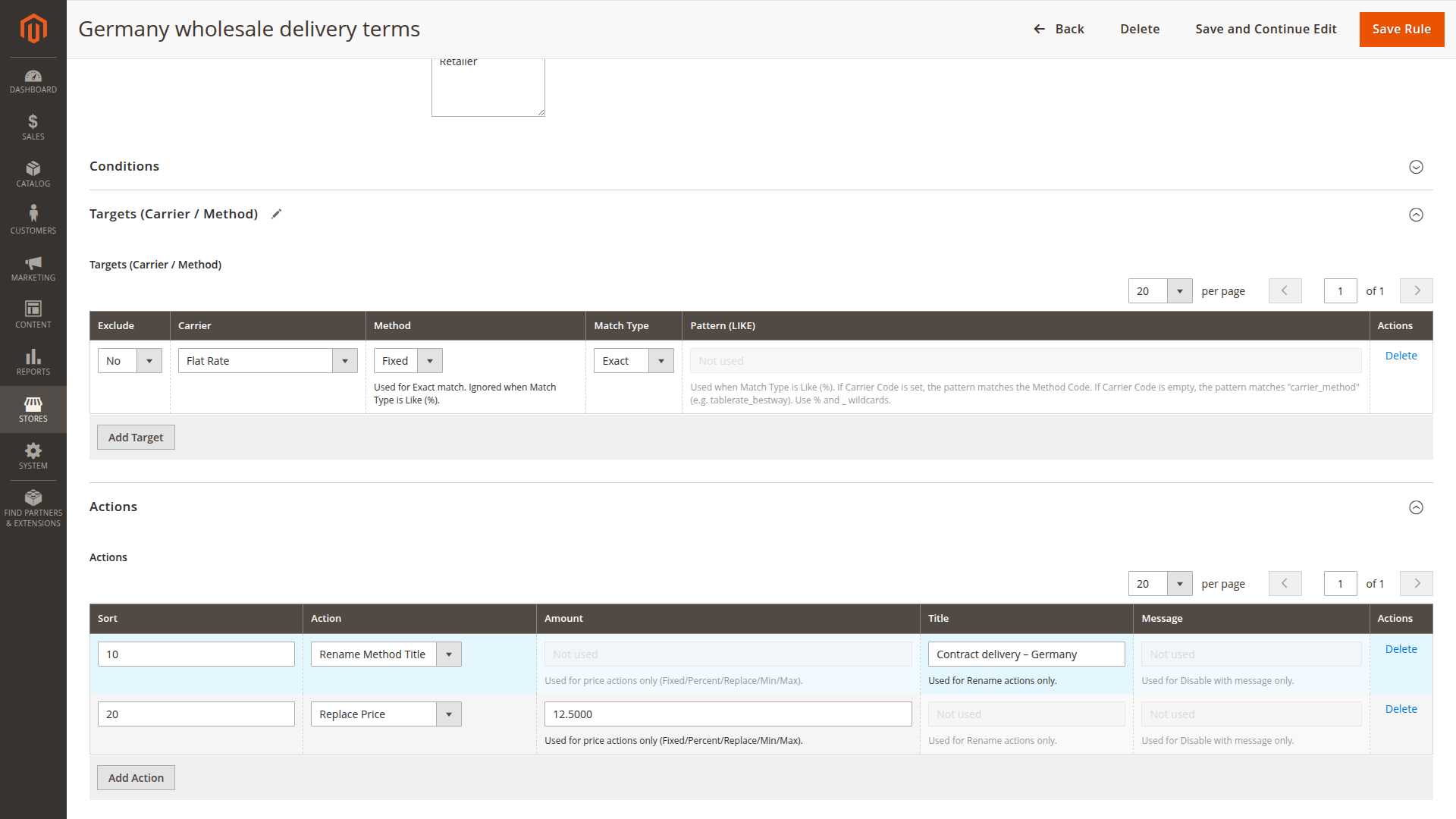 Shipping rule with an exact Flat Rate target, a customer-facing title and a replacement price