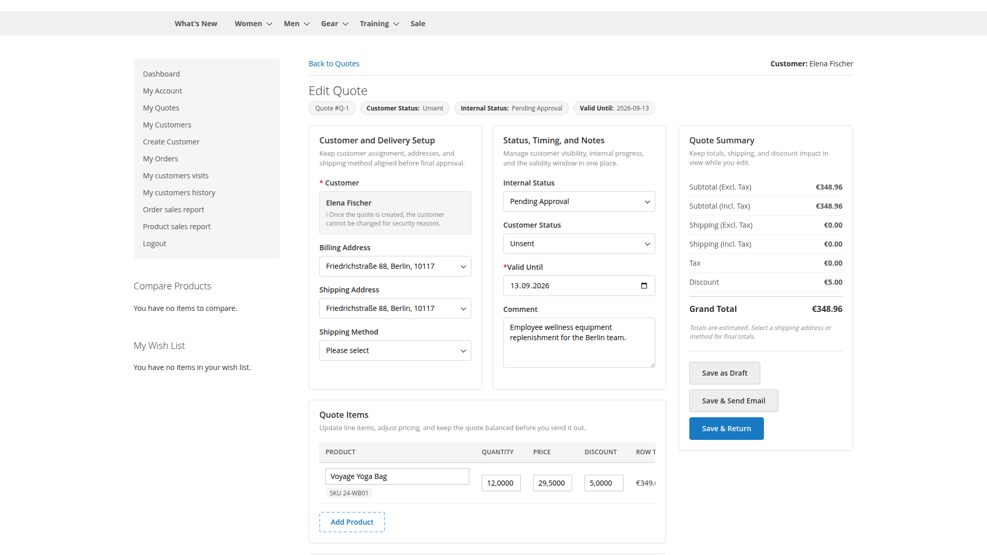 Staff item-price and discount editing for a customer quote