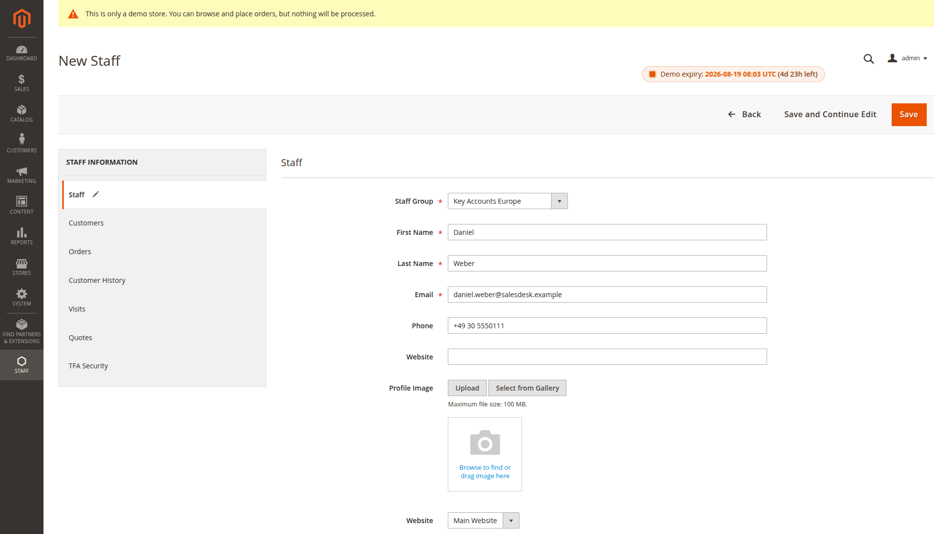 Creating Daniel Weber in the Magento Admin Staff form