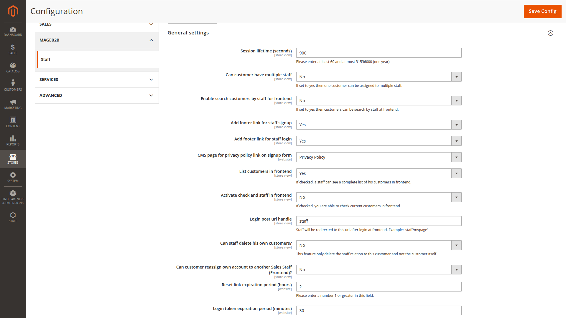 General Staff settings for access, customer assignment and login