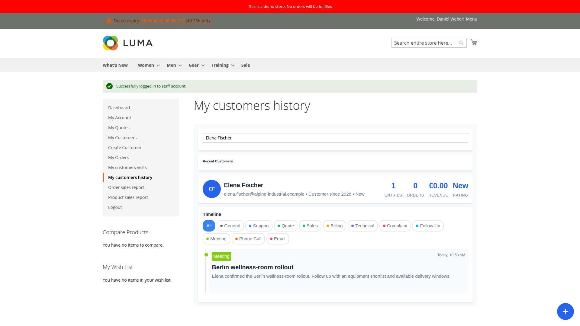 Meeting entry in Elena Fischer's customer history timeline
