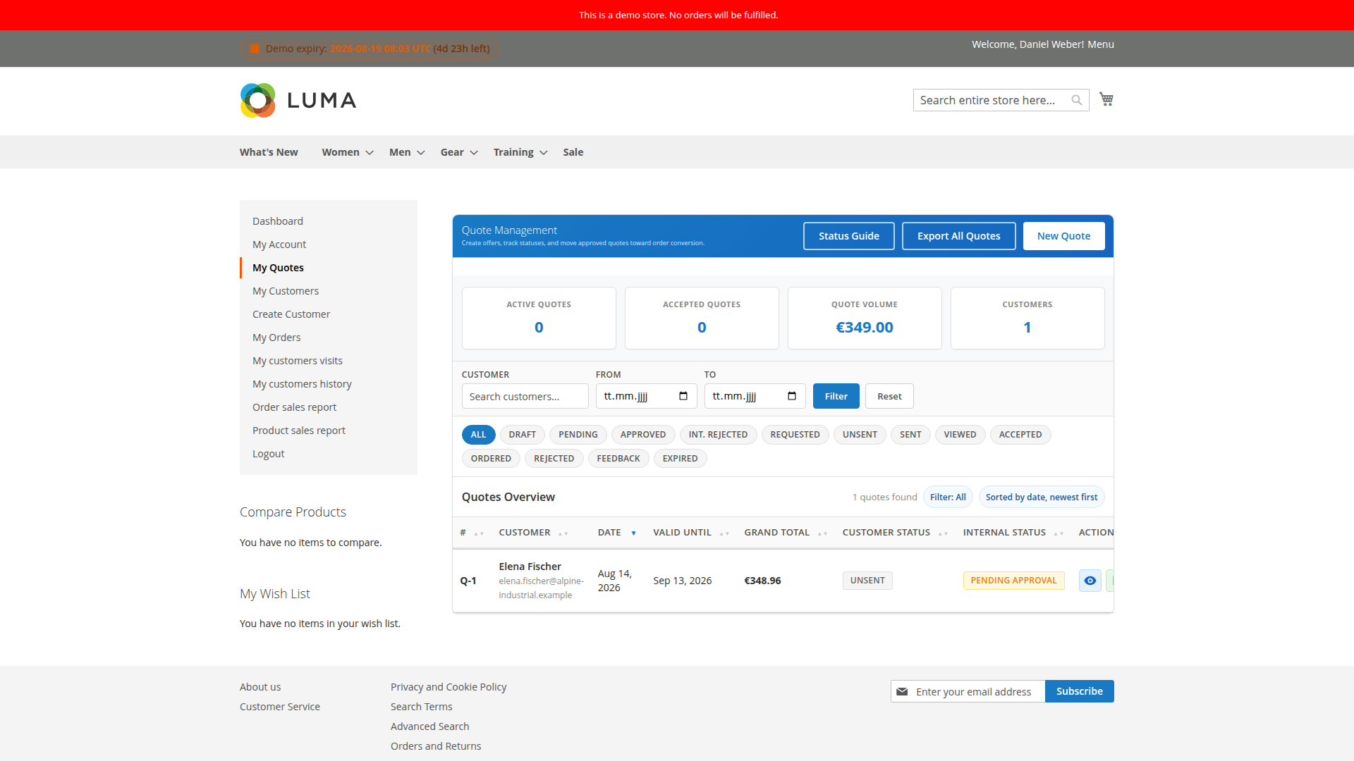 Pending-approval quote for Elena Fischer with customer follow-up actions