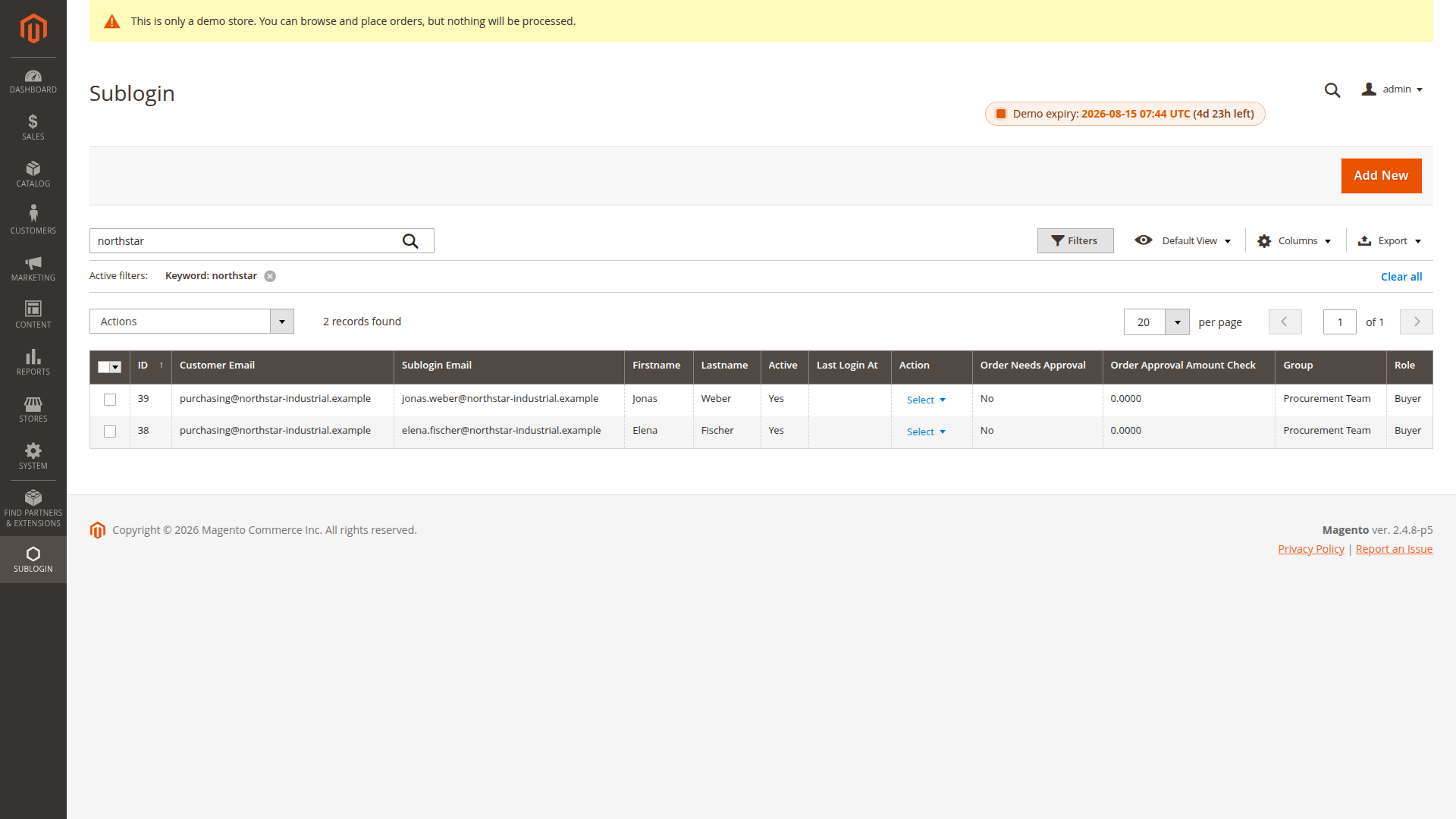 Sublogin records in Magento Admin