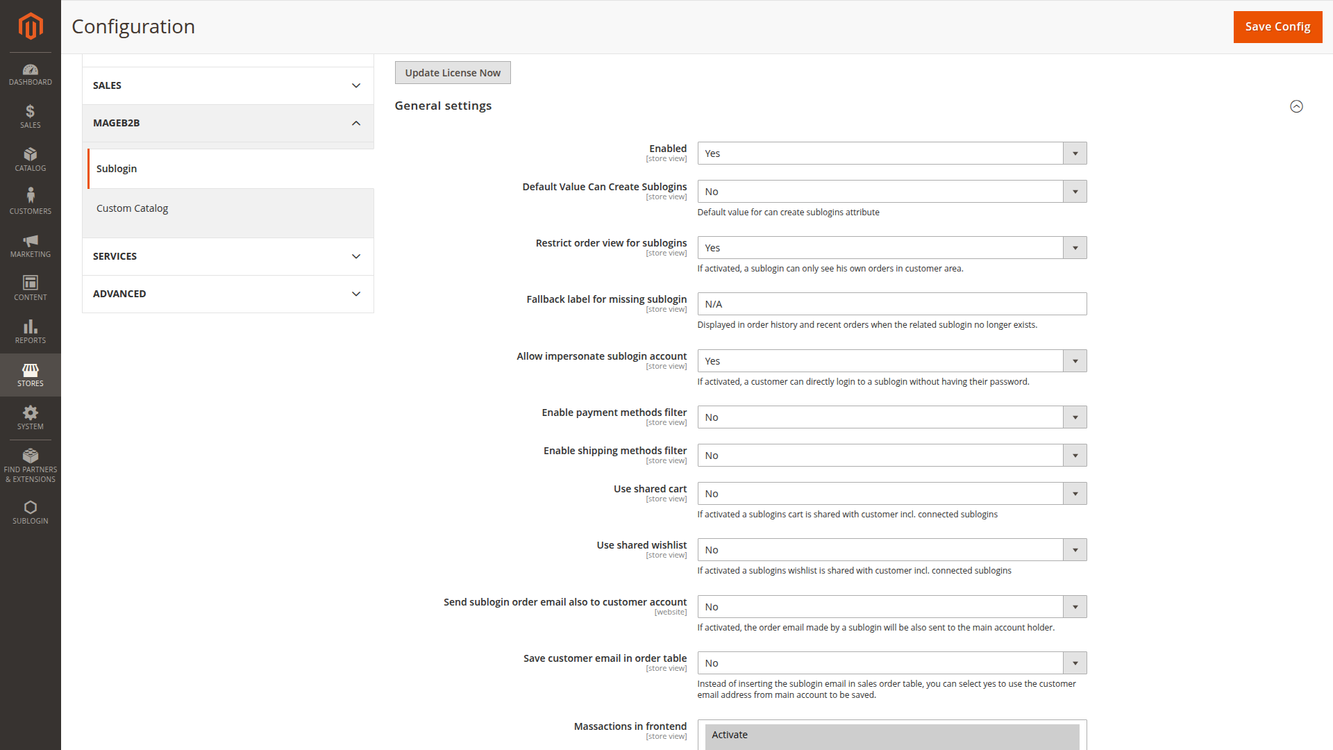 Sublogin general settings in Magento Admin
