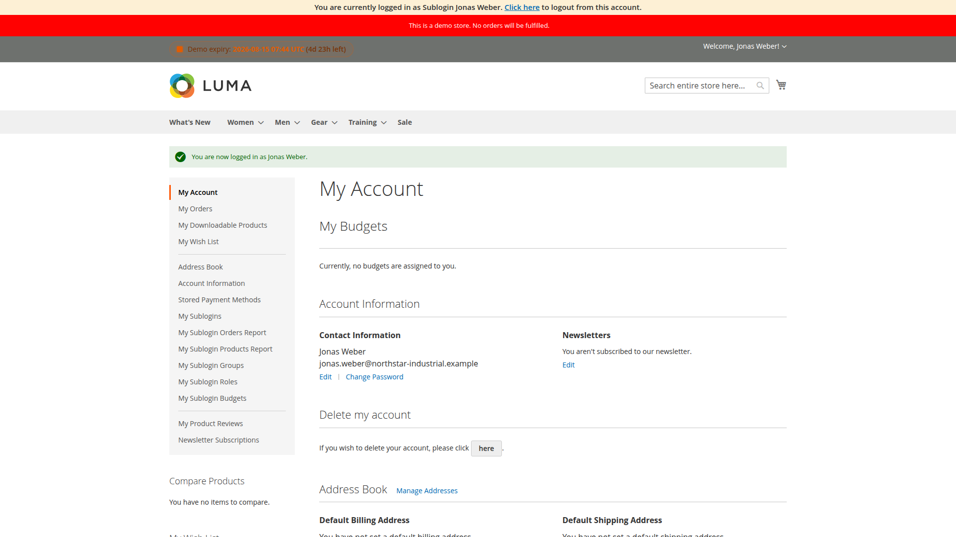 Visible storefront context while the main account acts as a sublogin