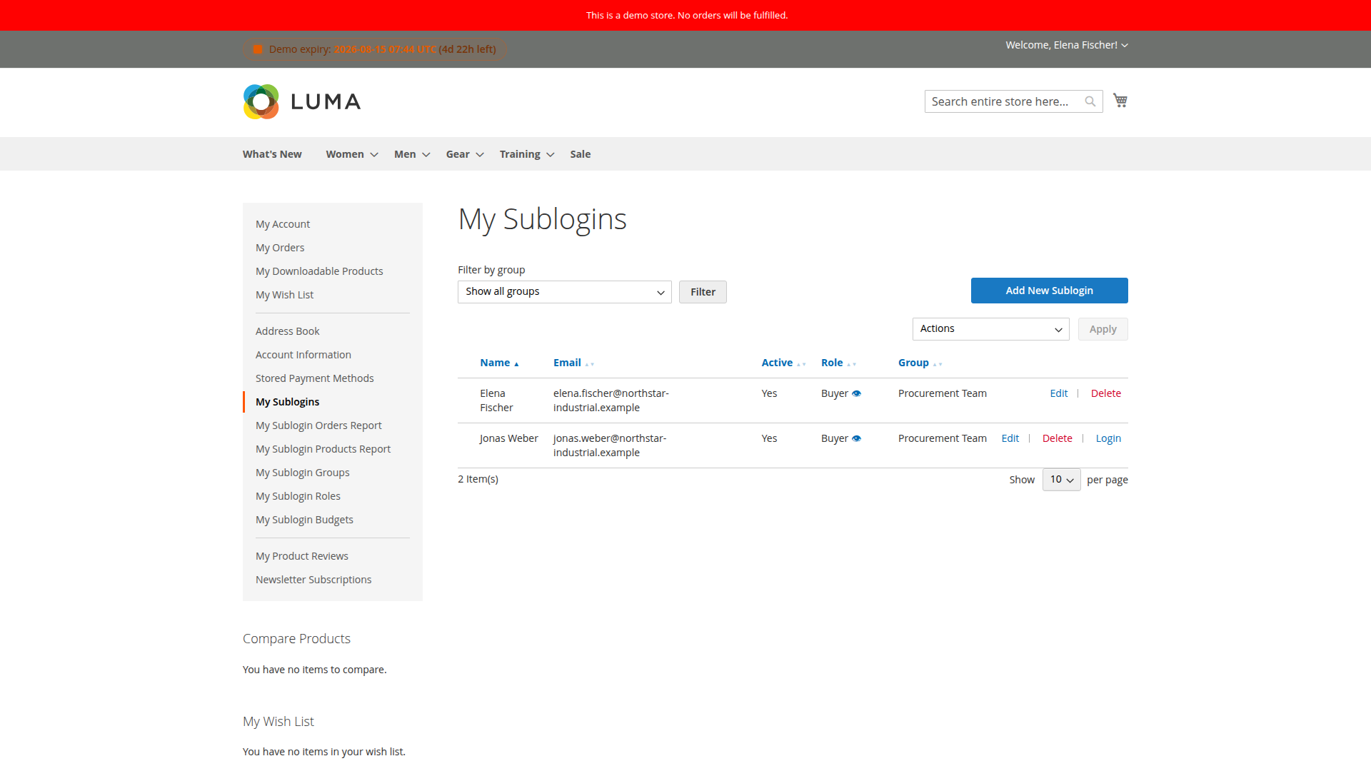 Main customer view of assigned sublogins