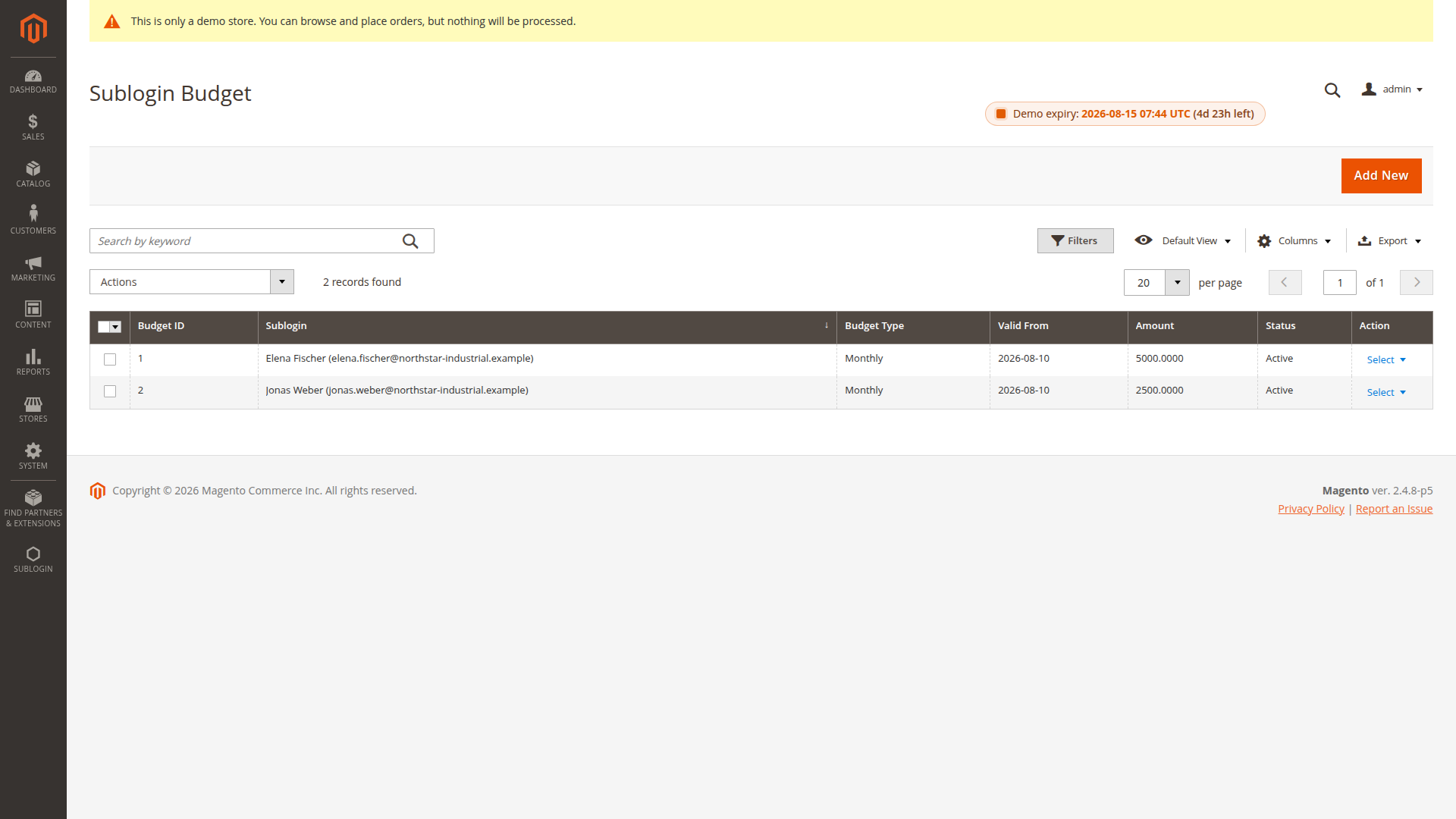 Monthly budgets for Northstar sublogins in Magento Admin