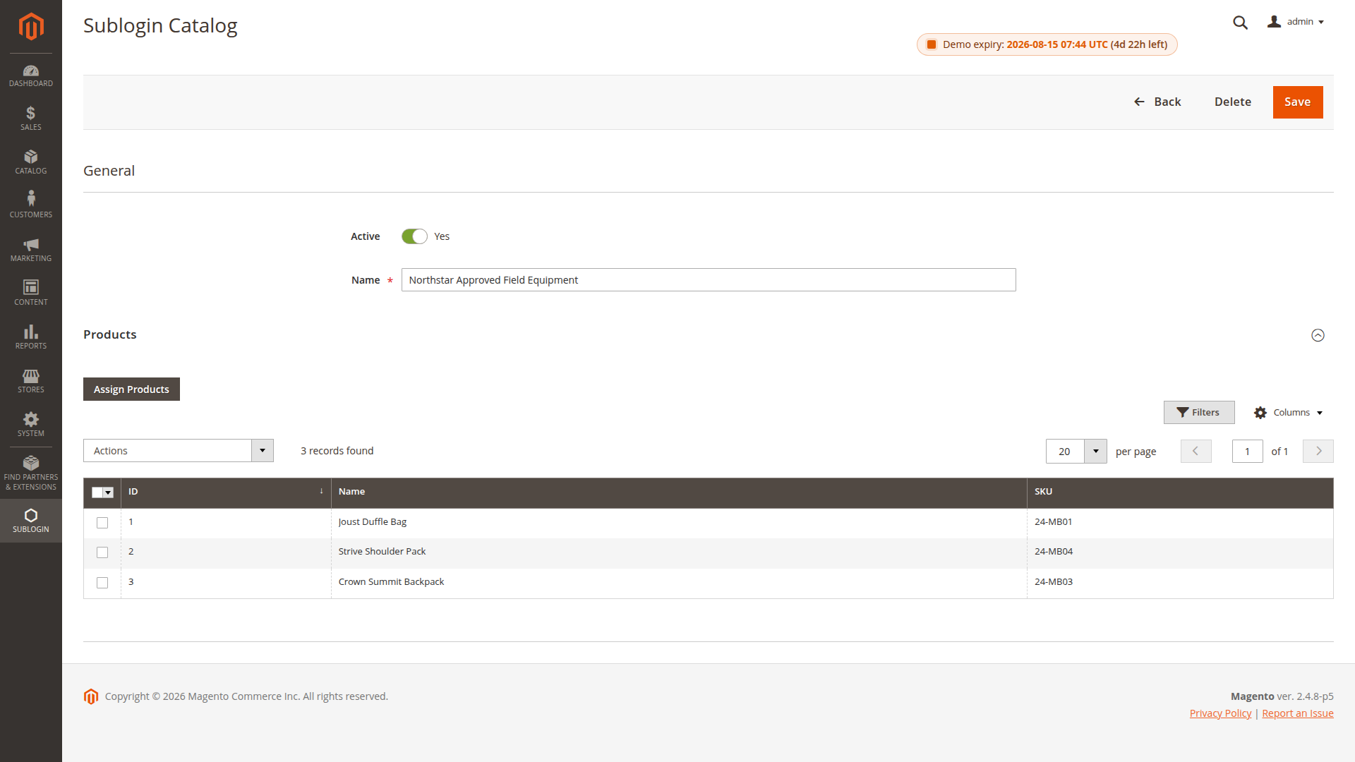 Sublogin catalog with its assigned products in Magento Admin