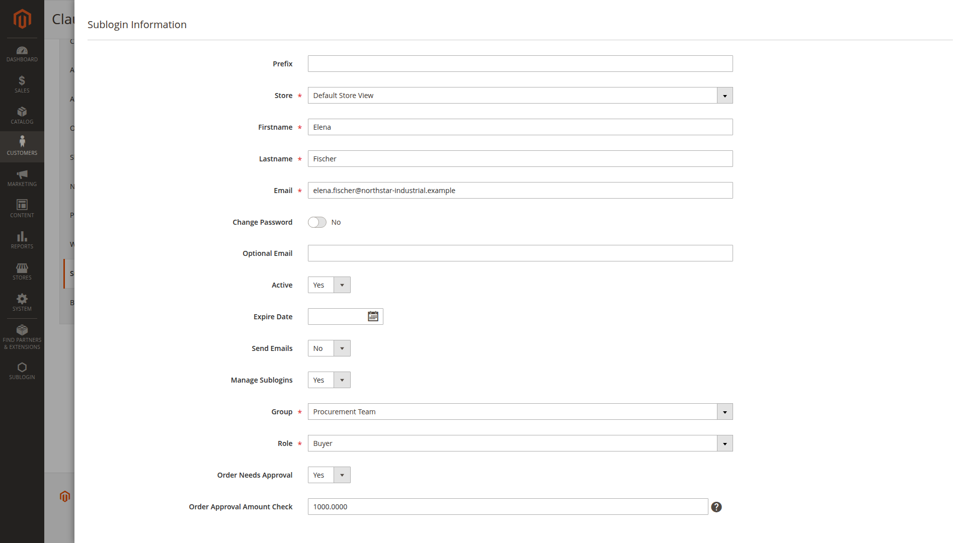 Order approval enabled for a sublogin with a subtotal threshold