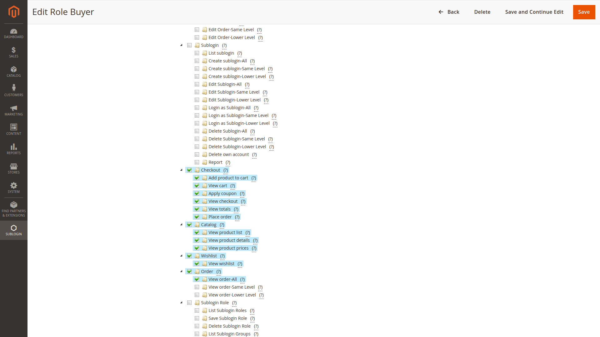 Buyer role permission tree in Magento Admin