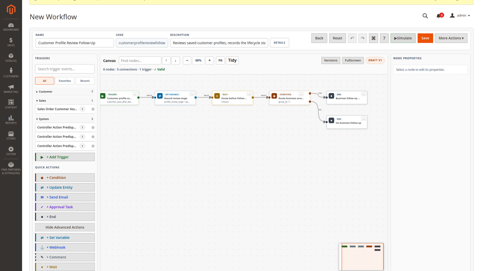 Customer lifecycle graph with variable, wait and two condition branches
