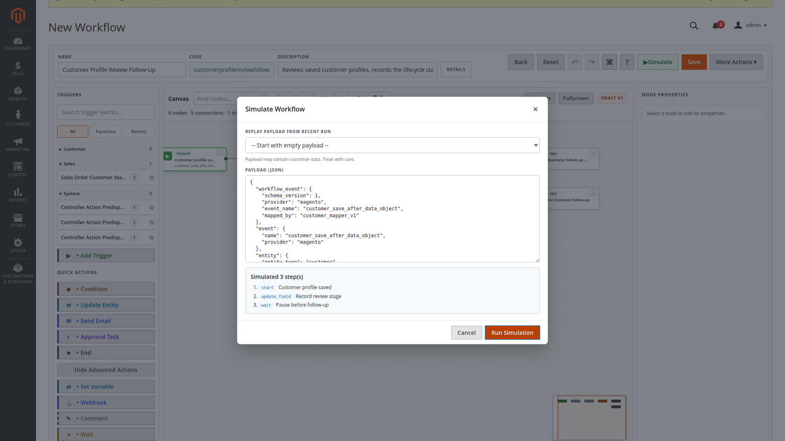 Customer follow-up simulation stopping at the two-hour Wait node