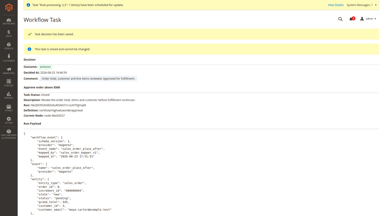 Closed procurement task with approval outcome and decision comment