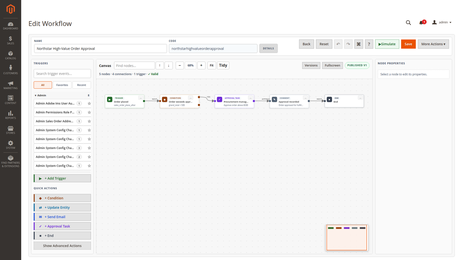 Published order approval definition with condition, approval task and comment action