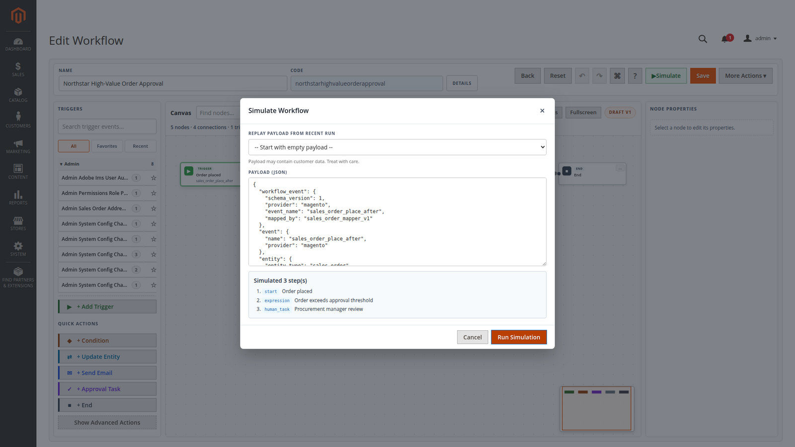 Order approval simulation reaching the manual approval task