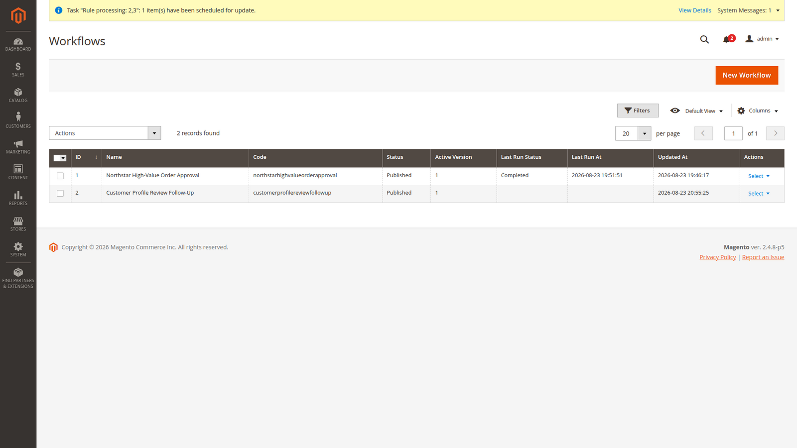 Two published workflow definitions with the completed order-approval run