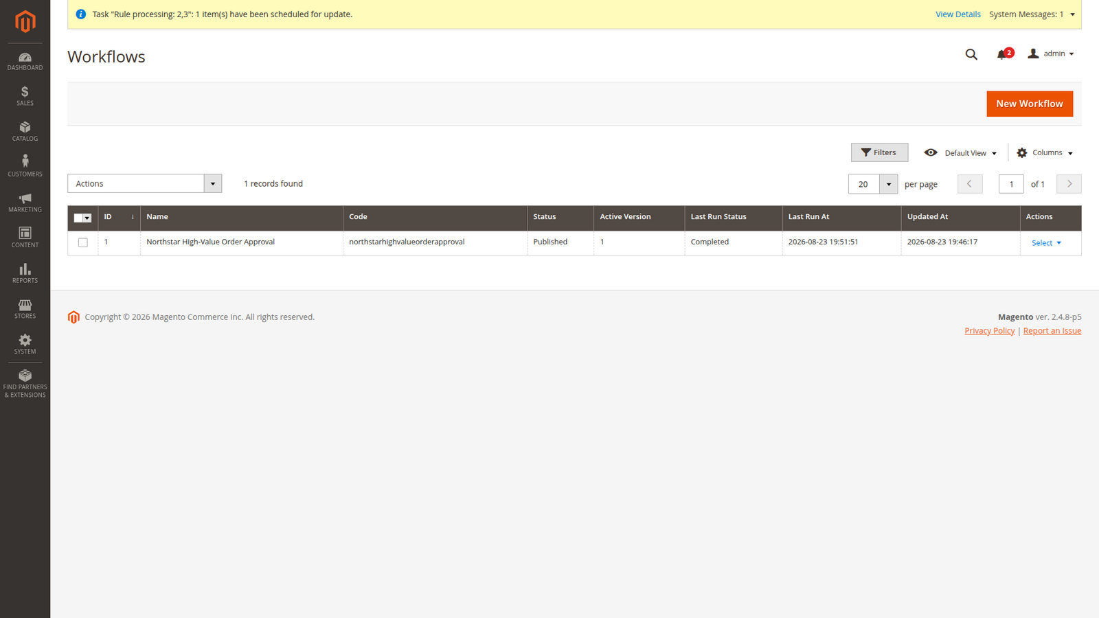 Completed real order-approval run in the workflow definition grid