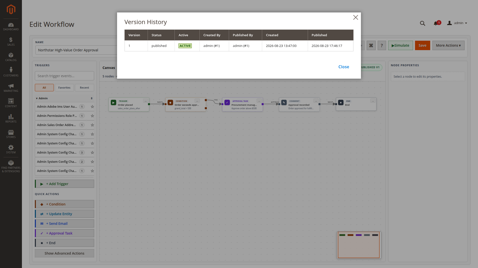 Workflow version history with active published version Published version marked active in workflow version history